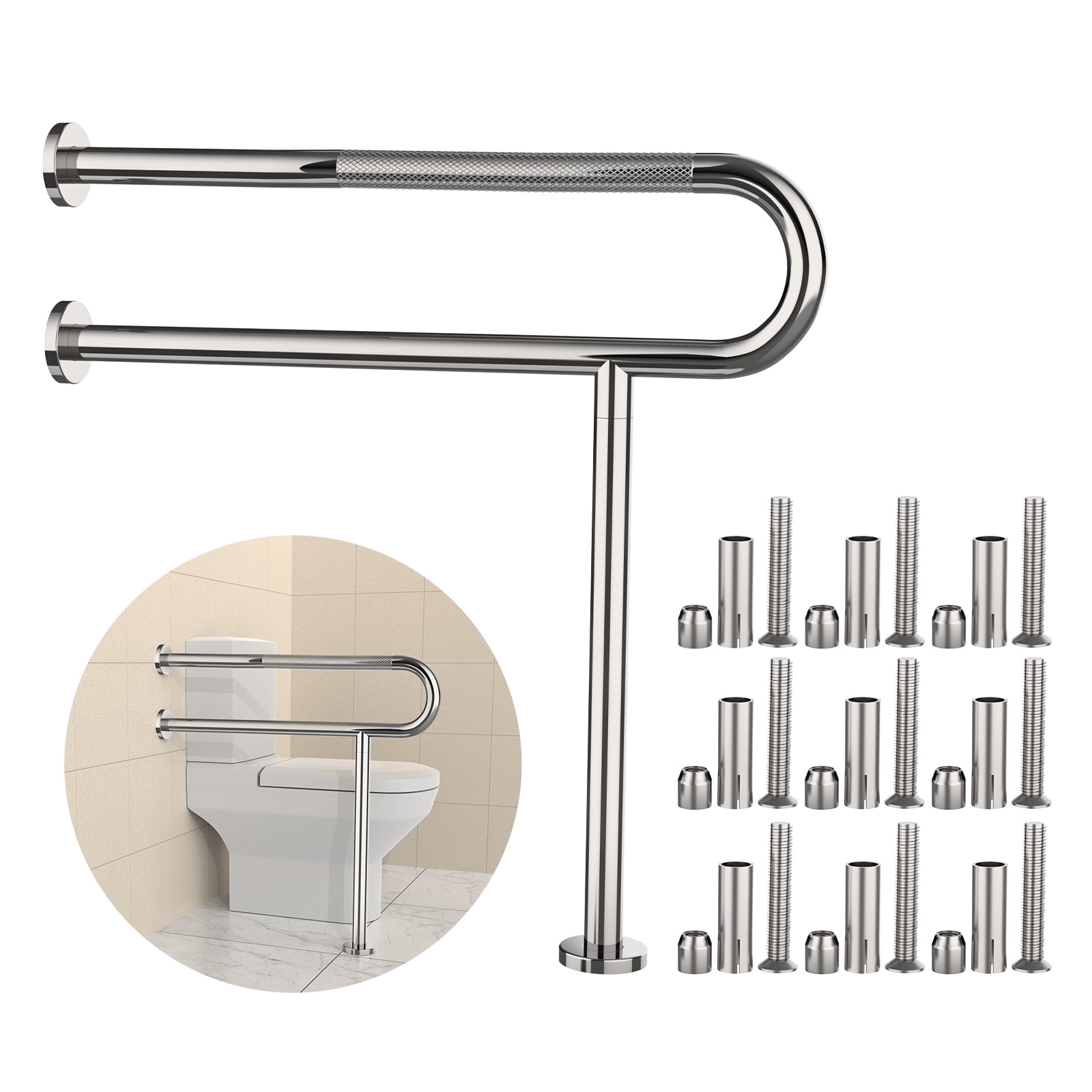 Toilet Support Rail 31.3X 31.5 Inch, ZUEXT AntiSlip Chrome Handicap Grab Bar for Bathroom