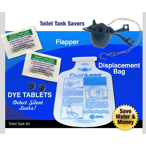 Toilet Tank Basic Kit | Displacement Bag | Replacement Flapper & Dye Tabs