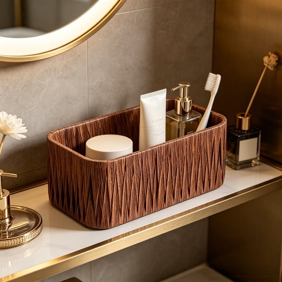 Toilet Tank Topper Paper Basket - Multiuse Hand Woven Plastic Wicker Basket for Organizing, Rustic Farmhouse Bathroom Decor, Countertop Organizer Storage