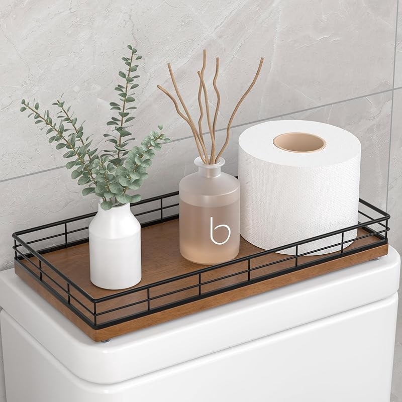 Toilet Tank Tray Organizer – Oak Wood Bathroom Counter Basket with ...