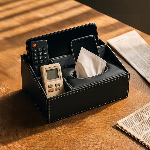 Black PU Leather Tissue Box with Magnetic Closure & Top Tray, Water-Resistant Bathroom Vanity Organizer, Sturdy Rectangular Tissue Holder for Countertop Decor, 10.2 Inch
