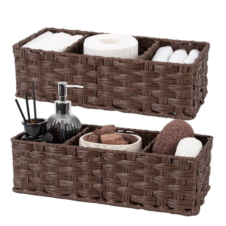 Toilet Tray Tank Topper, Wicker Storage Baskets, Set of 2 Waterproof Bathroom Organizers, Gray Bathroom Organization, 14" x 6" x 4