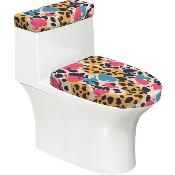 Toilet Trim Two-Piece Set With Reusable Elastic Edges For Easy Cleaning And Maintenance For Most Toilets Leopard Print Pattern Rainbow_1