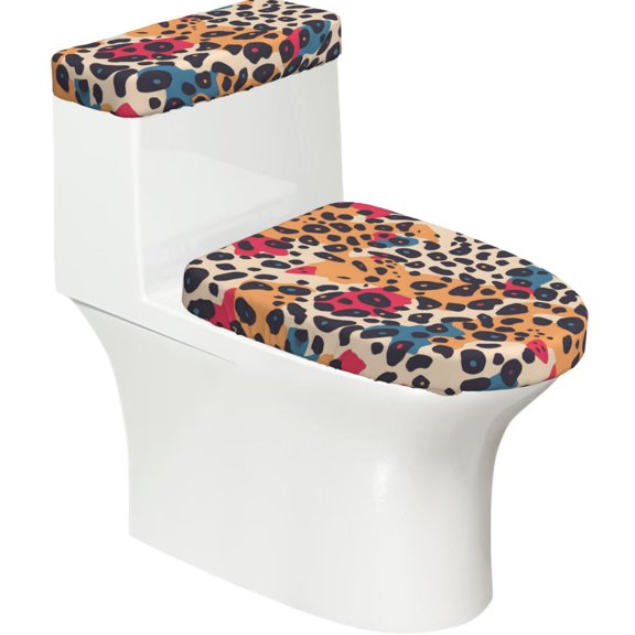 Toilet Trim Two-Piece Set With Reusable Elastic Edges For Easy Cleaning And Maintenance For Most Toilets Leopard Print Pattern Rainbow_4