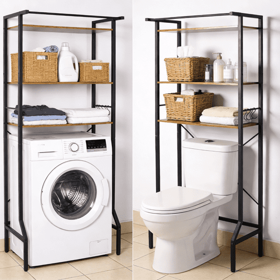Over The Toilet & Over Washer Dryer Storage Shelf, Heavy-Duty Metal 3-Tier Freestanding Laundry Organizer, Space-Saving Utility Rack with 4 Hooks, Rustic Brown for Bathroom, Balcony and Laundry Room