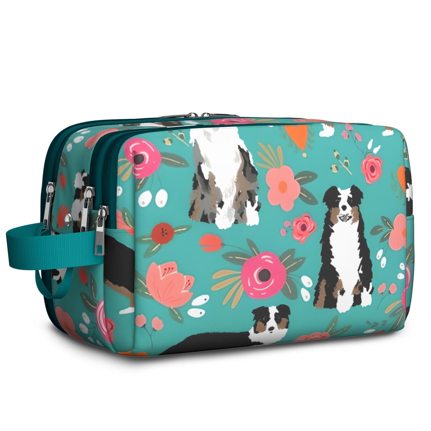 Toiletries Bag,Australian Shepherd Dog and Flower Mens Womens Toiletry Bag Bathroom Bag,Waterproof Toiletry Travel Bag Dopp Kit Shaving Bag 11x6.3x5.1 Inch