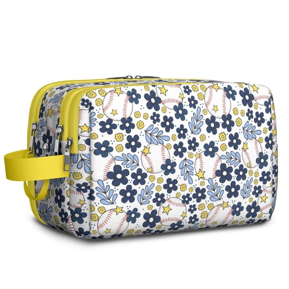 Toiletries Bag,Blue Baseballs with Yellow Flowers Pattern Mens Womens Toiletry Bag Bathroom Bag,Waterproof Toiletry Travel Bag Dopp Kit Shaving Bag 11x6.3x5.1 Inch