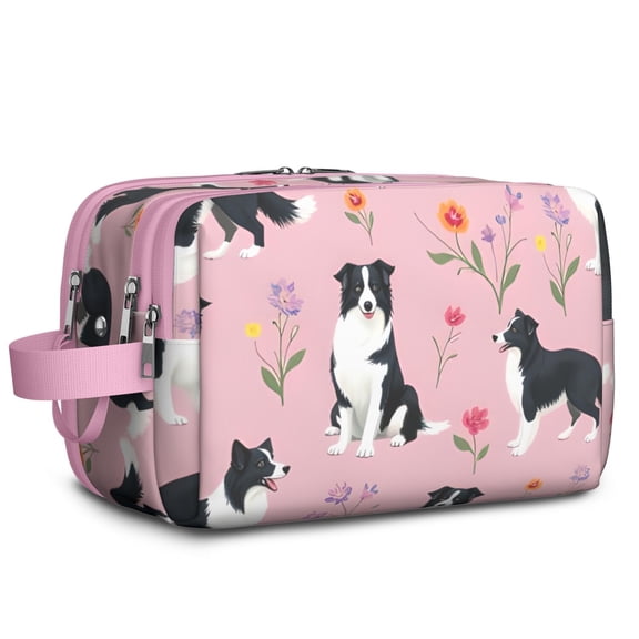 Toiletries Bag,Border Collie Dogs with Pioneer Flower Mens Womens Toiletry Bag Bathroom Bag,Waterproof Toiletry Travel Bag Dopp Kit Shaving Bag 11x6.3x5.1 Inch