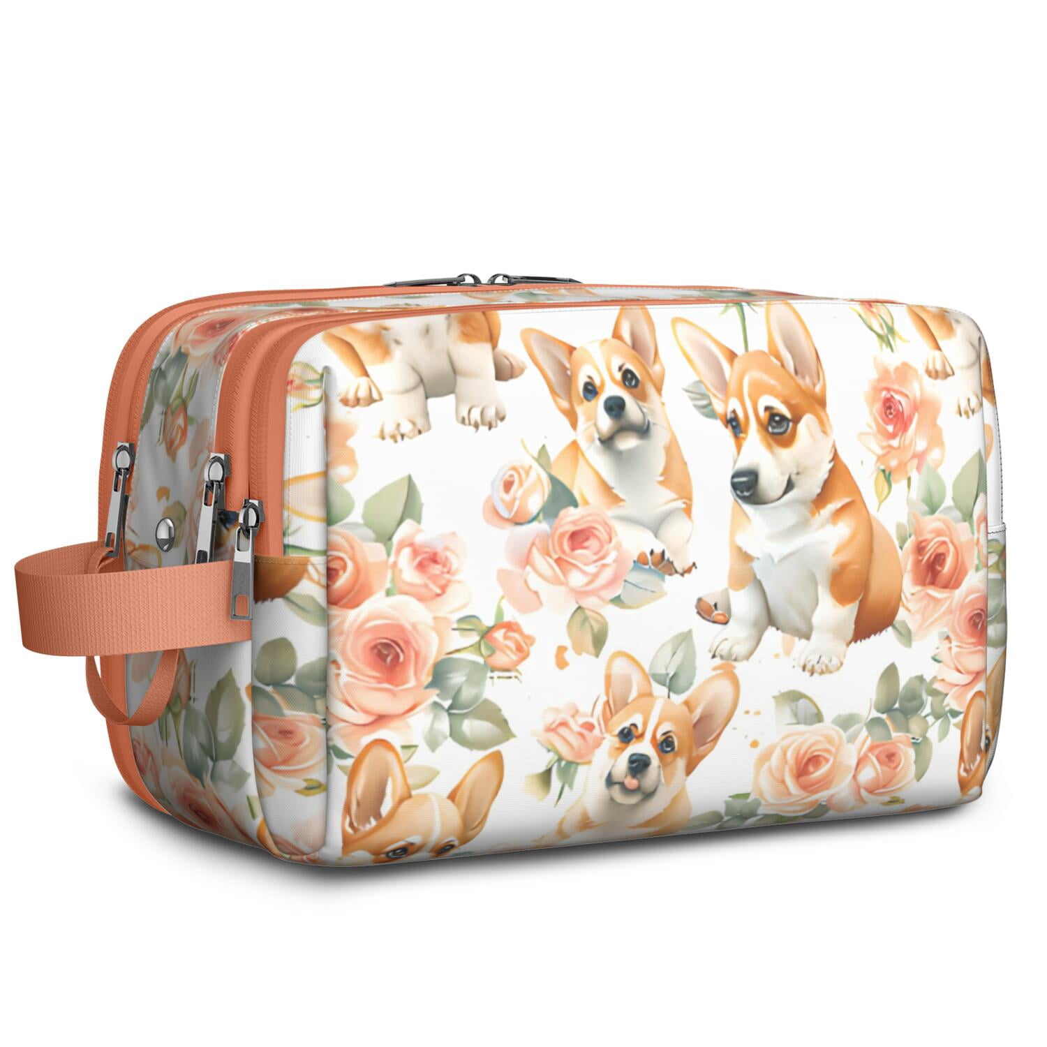 Toiletries Bag,Corgi Dog and Flower Florals Mens Womens Toiletry Bag Bathroom Bag,Waterproof Toiletry Travel Bag Dopp Kit Shaving Bag 11x6.3x5.1 Inch
