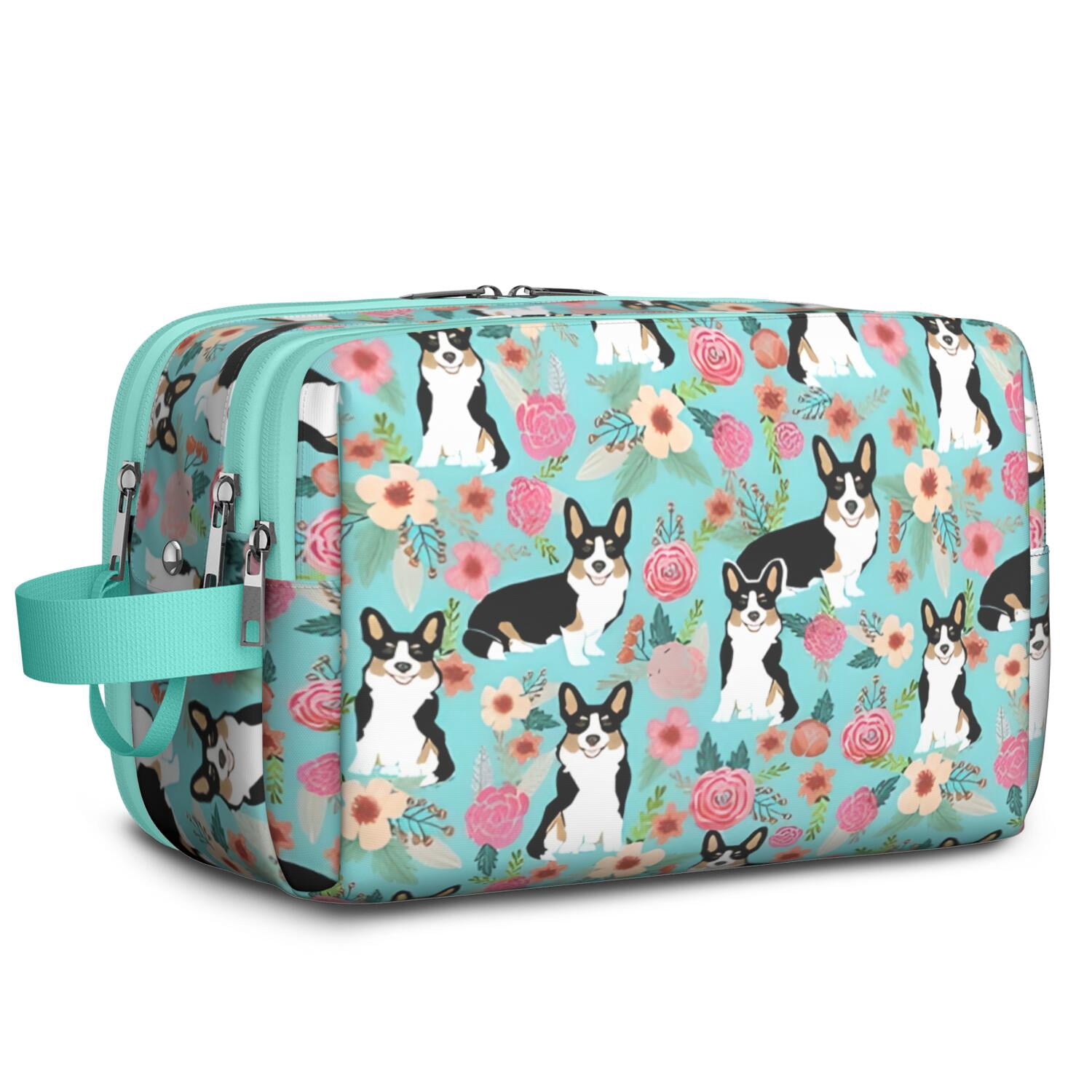 Toiletries Bag,Corgi Dog and Flowers Mens Womens Toiletry Bag Bathroom Bag,Waterproof Toiletry Travel Bag Dopp Kit Shaving Bag 11x6.3x5.1 Inch