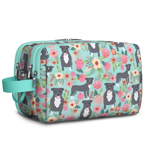 Toiletries Bag,Cute Pitbull Terriers Dog and Flowers Mens Womens Toiletry Bag Bathroom Bag,Waterproof Toiletry Travel Bag Dopp Kit Shaving Bag 11x6.3x5.1 Inch