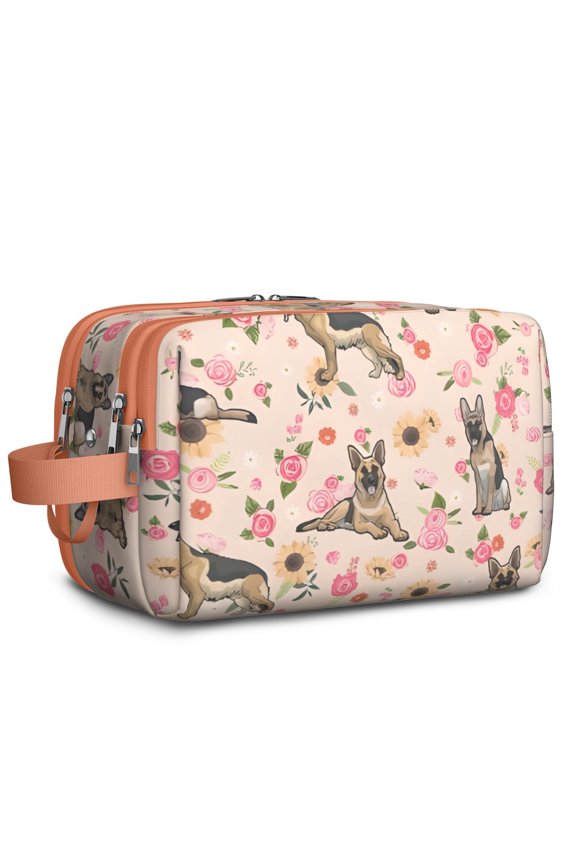 Toiletries Bag,German Shepherd Dog and Flower Mens Womens Toiletry Bag Bathroom Bag,Waterproof Toiletry Travel Bag Dopp Kit Shaving Bag 11x6.3x5.1 Inch