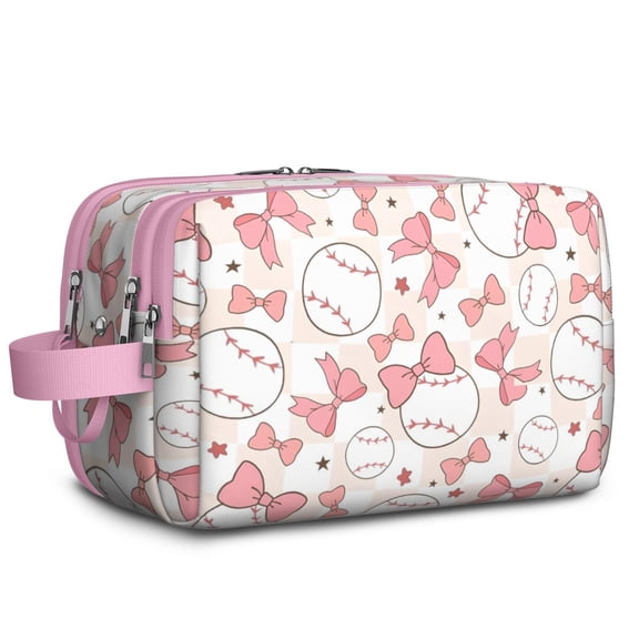 Toiletries Bag,Pink Baseballs with Bows Pattern Mens Womens Toiletry Bag Bathroom Bag,Waterproof Toiletry Travel Bag Dopp Kit Shaving Bag 11x6.3x5.1 Inch