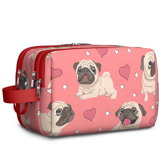 Toiletries Bag,Pug and Love Heart Mens Womens Toiletry Bag Bathroom Bag,Waterproof Toiletry Travel Bag Dopp Kit Shaving Bag 11x6.3x5.1 Inch