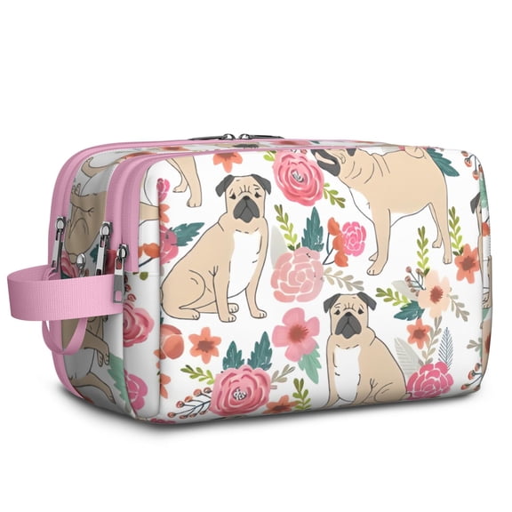 Toiletries Bag,Pugs and Pioneer Flower Mens Womens Toiletry Bag Bathroom Bag,Waterproof Toiletry Travel Bag Dopp Kit Shaving Bag 11x6.3x5.1 Inch