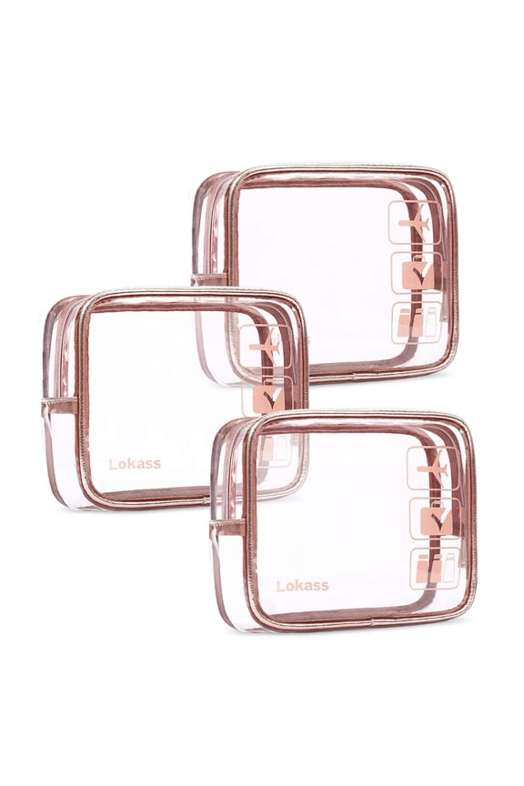 Toiletry Bag 3pcs Clear Travel Bag Set TSA Approved Transparent PVC Pouch Set for Women Girls, Quart Sized Bags with Zipper Rose Gold