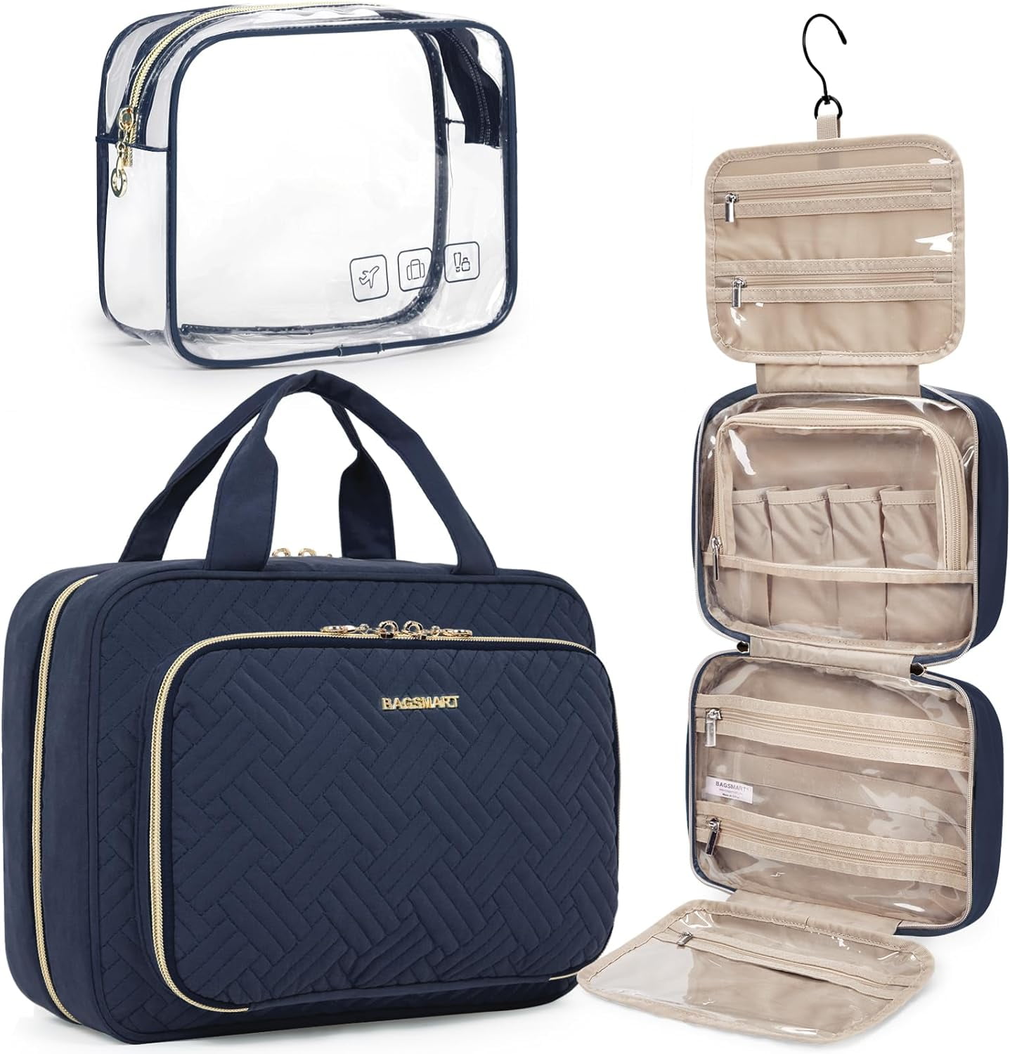 Toiletry Bag Hanging Travel Makeup Organizer with TSA Approved Transparent Cosmetic Bag Makeup Bag for Full Sized Toiletries, Medium-Black