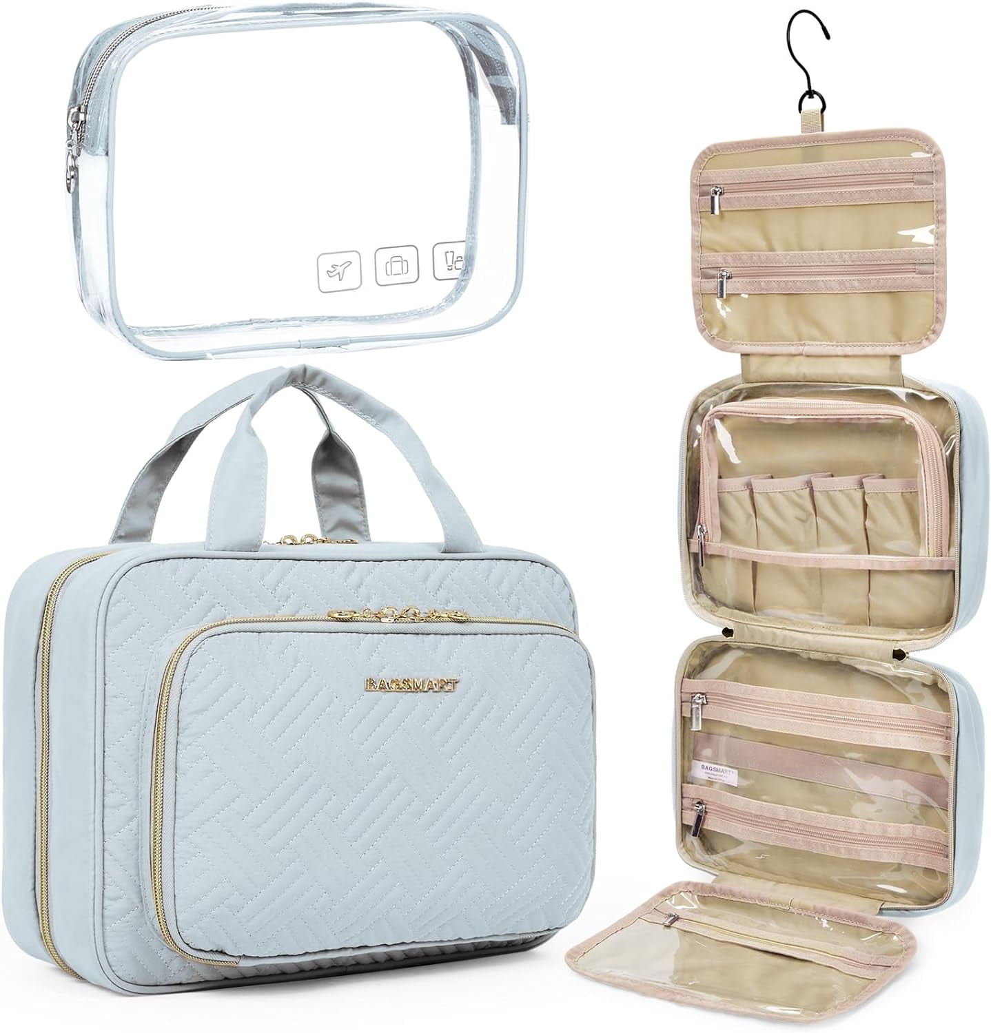Toiletry Bag Hanging Travel Makeup Organizer with TSA Approved Transparent Cosmetic Bag Makeup Bag for Full Sized Toiletries, Medium-Black