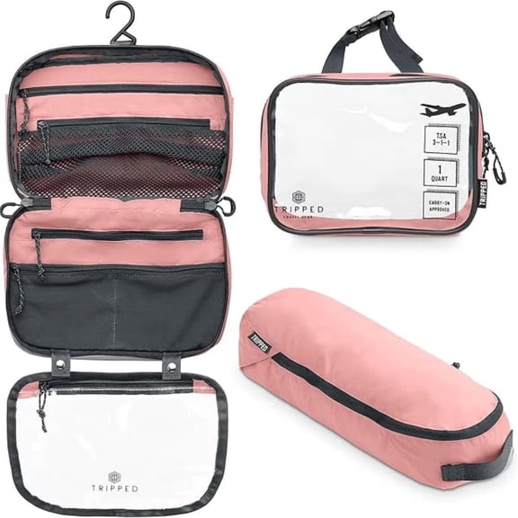 TRIPPED Travel Gear 3-Piece Hanging Travel Toiletry Bag Set with TSA Pouch, Dusty Rose
