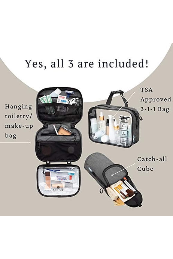 Toiletry Bag Kit Set: Hanging Travel Toiletry Bag + 311 TSA Cosmetic Liquid Bag + Ultralight Accessory Organizer Pouch Grey