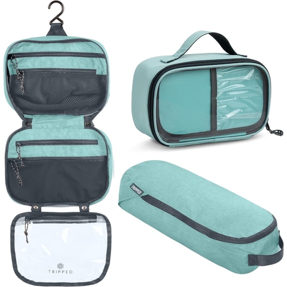 Toiletry Bag Kit Set: Hanging Travel Toiletry Bag + Makeup Bag with Brush Holder + Ultralight Accessory Organizer Pouch (Dusty Teal Makeup)