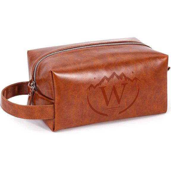 Toiletry Bag for Men,Mens Travel Toiletry Organizer,Personalized Men's Travel Essentials,Water Resistant PU Leather Shaving Bag for Dad Husband Boyfriend, Birthday Gifts for Him,Brown - W