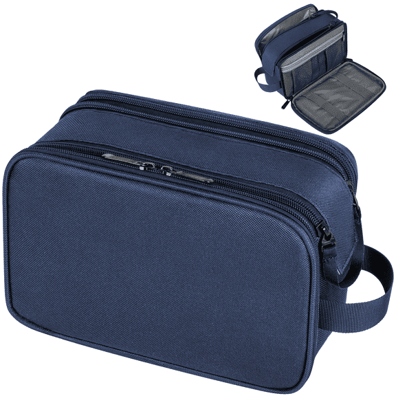 Toiletry Bag for Men, PU Leather Travel Toiletry Organizer with Handle, Water Resistant Travel Essentials for Women, Travel Storage Bags with Divider for Cosmetics Toiletries Brushes Tools, Blue