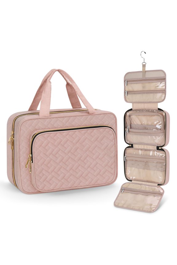 Toiletry Bag Travel Bag with Hanging Hook, Water-resistant Makeup Cosmetic Bag Travel Organizer for Accessories, Shampoo, Full-size Container, Toiletries dusty pink