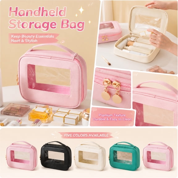 Toiletry Bag, Waterproof Toiletry Bag, Travel Makeup Bag, Top Handle Bag, 9X7X2.5 Inch Cream Portable Carry Case with Clear Transparent Window, Ideal for Travel, Daily Makeup
