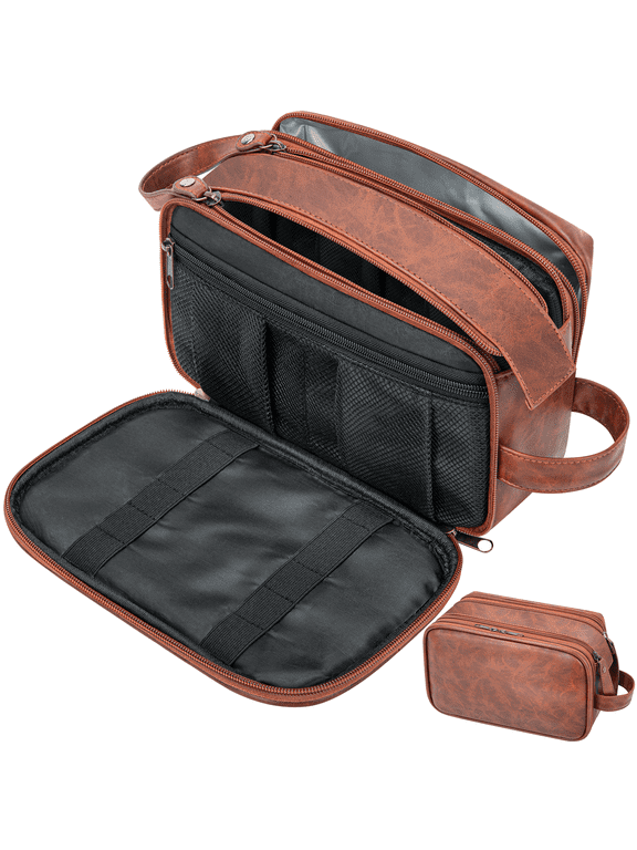 Large Travel Toiletry Bag for Men and Women, PU Leather Water Resistant Shaving Bag for Toiletries Accessories, Hanging Storage Bag Dopp Kit Travel Bag for Cosmetics Toiletries Brushes Tools, Brown