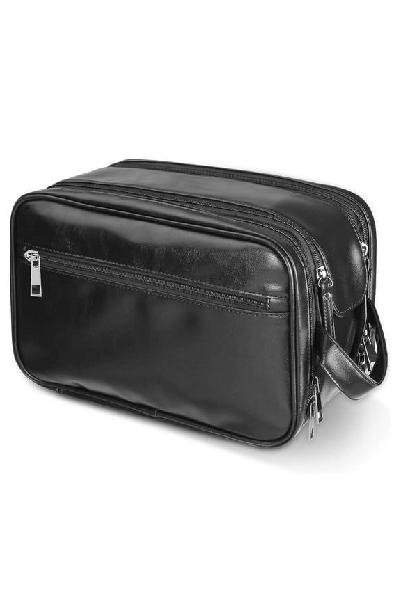 Toiletry Bag for Men Water-resistant Large Travel Shaving Grooming Dopp Kit Bathroom Organizer PU Leather Portable Cosmetic Storage Bag Black