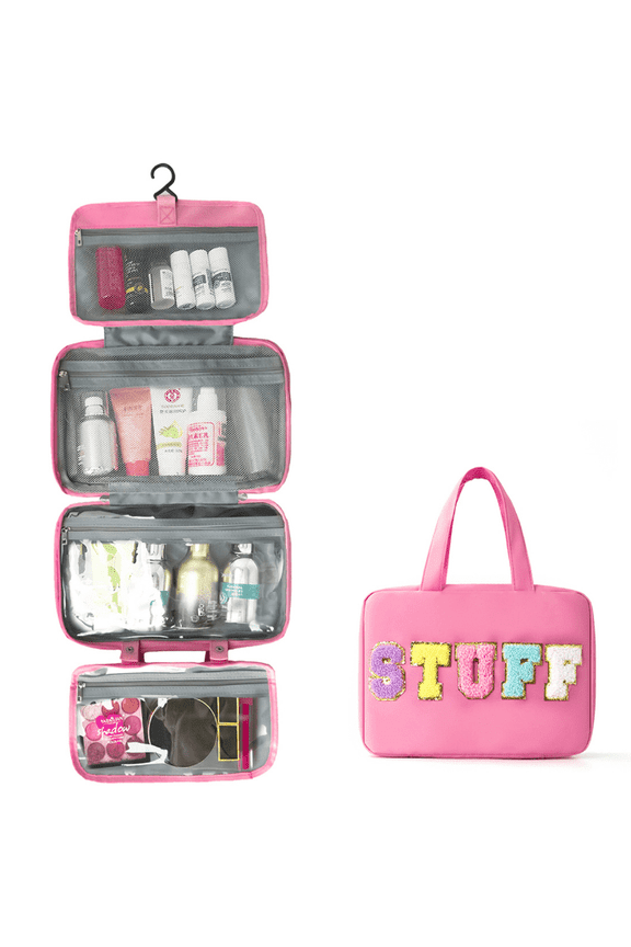 Toiletry Bag for Women Hanging Hook,AILKIN Compact and Foldable Portable Cosmetic Bags Toiletry Kit Set Makeup Bag Travel Accessories with 4 Compartment Toiletry Bag for Traveling,Rose