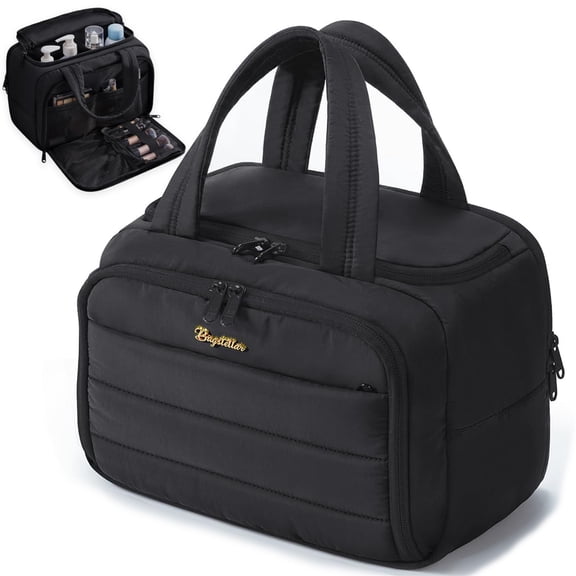 Toiletry Bag for Women, Wide-Open Makeup Bag with Handle, Puffy Quilted Cosmetic Bag for Travel Size Toiletries, Black