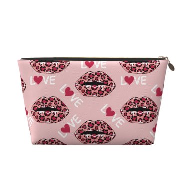 Toiletry Bag, lips love leopard print pink Leather Waterproof Travel Makeup Cosmetic Bag Organizer, Large Capacity Toiletry Bag for Travel Size Toiletries, Skin Care Bag for Women