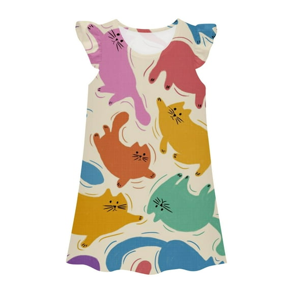 Toimothcn Baby Girls Dress Short Sleeve Cute Cartoon Cat Printed Dress Soft Loose Fit Princess Dresses Comfy Girl'S Sundress