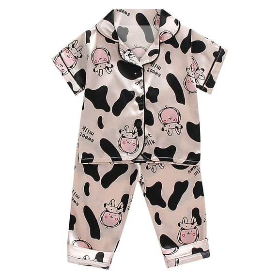 Toimothcn Baby Girls Pjs Sets Long Sleeve Cute Cartoon Cow Printed Satin Pajamas Stretchy Pants 2Pcs Pjs Set Soft Lightweight Homewear Clothes Set Comfy Girl'S Sleeping Clothes