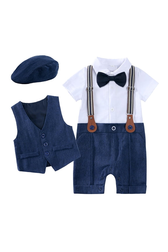 Back To School Outfits For Boys Long Sleeve Simple Solid Color Jumpsuit Vest Coats With Gentleman Hat Warm Loose Fit 4Pcs Outfits Set Kids Festival Clothes