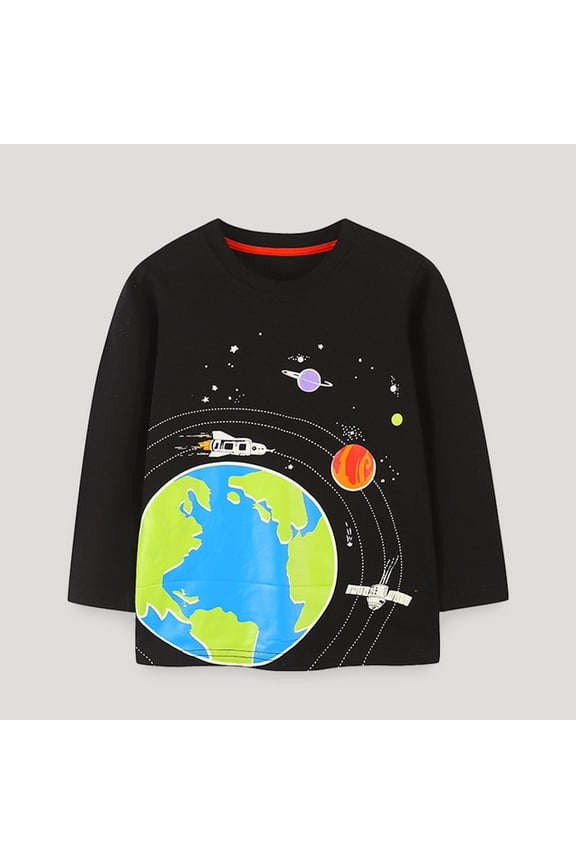Boy's T-Shirts Cute Cartoon Space Planet Printed Fall Long Sleeve Pullover T Shirts Crew Neck Comfortable Loose Fit Shirt Tops Lovely Kids Dailywear