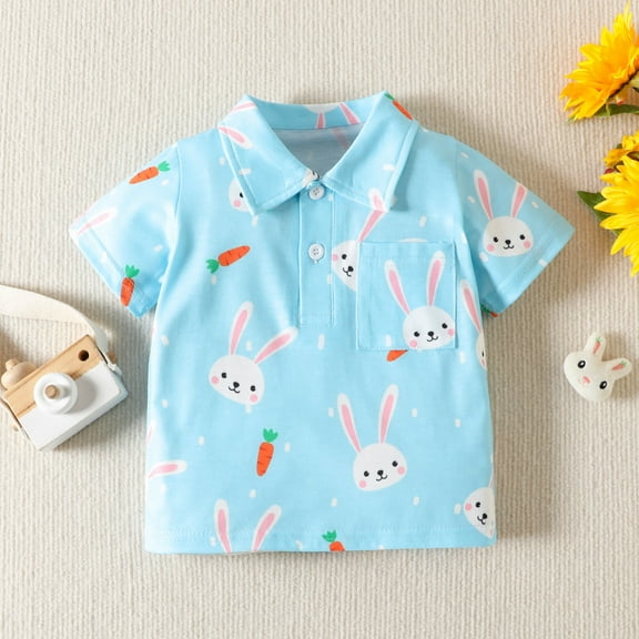 Toimothcn Boy's T-Shirts Easter Cartoon Rabbit Printed Fall Long Sleeve Button Up T Shirts Lapel Comfortable Loose Fit Shirt Tops Suitable For Dailywear