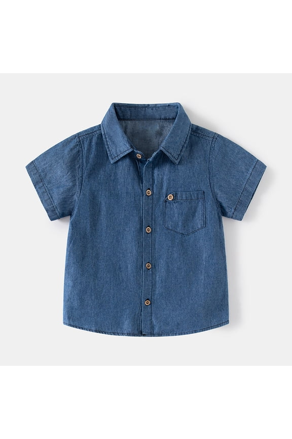 Boy's T-Shirts Simple Solid Color Fall Short Sleeve Buttons Up Denim T Shirts Crew Neck Comfortable Loose Fit Shirt Tops Lovely Kids Dailywear