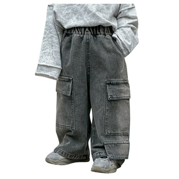 Toimothcn Boys Kids Casual Denim Pants Casual Straight Wide Leg Elastic Waist Loose Fit Jeans With Pockets Comfy Child'S Clothing