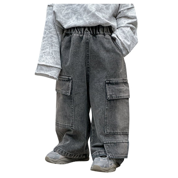Toimothcn Boys Kids Casual Denim Pants Casual Straight Wide Leg Elastic Waist Loose Fit Jeans With Pockets Comfy Children'S Clothes