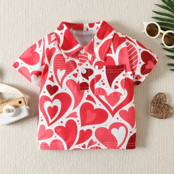 Toimothcn Boys T-Shirts Romantic Valentine'S Day Love Heart Printed Fall Short Sleeve Button Up T Shirts Lapel Comfortable Loose Fit Shirt Tops Suitable For Dailywear