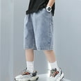thumbnail image 1 of Toimothcn Casual Boys Denim Shorts Solid Color Straight Leg Elastic Waist Knee Length Jeans With Pocket Comfy Child'S Clothing, 1 of 5