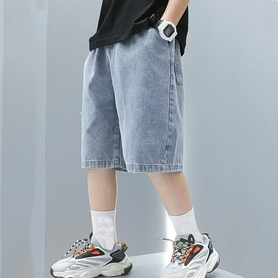 Toimothcn Casual Boys Denim Shorts Solid Color Straight Leg Elastic Waist Knee Length Jeans With Pocket Comfy Child'S Clothing