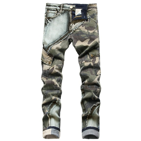 Toimothcn Casual Jeans For Men Distressed Stretch Camo Printed Straight Leg Casual Washed Jeans With Pockets Breathable Slim Fit Leisure Mens Clothes