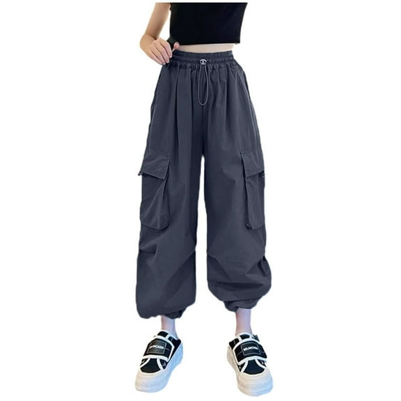 Toimothcn Casual Trousers For Toddler Girls Casual Solid Color Wide Leg Cargo Pants With Pockets Casual Loose Fit Elastic Waist Hippop Stylish Trousers Suitable For Dailywear