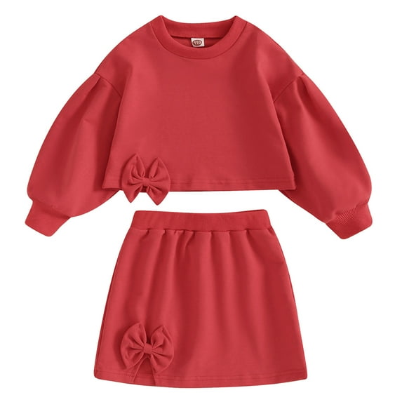 Toimothcn Clothes Set For Toddler Girls Long Sleeve Solid Color Bowknot Red Shirt Tops Skirt 2Pcs Outfits Set Leisure Girls Dailywear