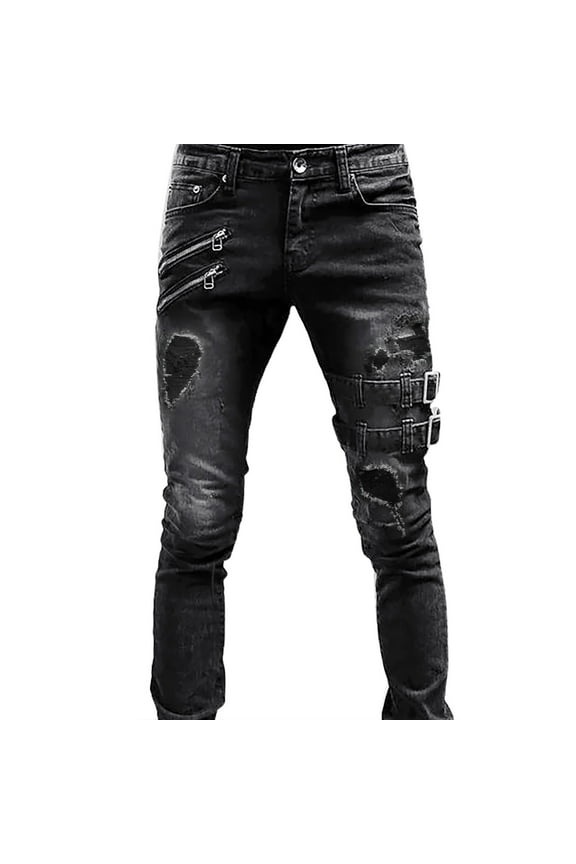 Denim Jeans For Men Slim Fit Ripped Stretch Skinny Distressed Stacked Straight Leg Motorcycle Jeans With Pockets Handsome Dailywear
