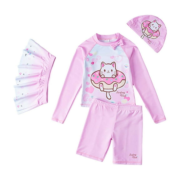 Toimothcn Girl's Swimsuit Long Sleeve Cute Cartoon Cat Printed 4 Piece Bikini Set Quickly Dry Cover Up Swimwear 3-4 Years